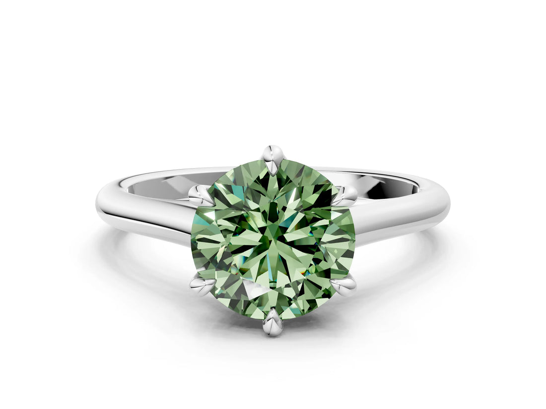 White gold Fancy Green Round  Solitaire Engagement Ring with Six-Prong Setting and Classic Band 1