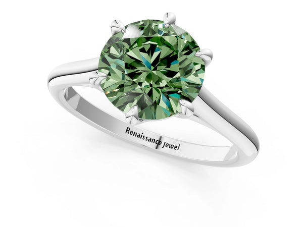White gold Fancy Green Round  Solitaire Engagement Ring with Six-Prong Setting and Classic Band