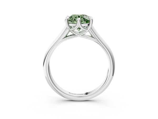 White gold Fancy Green Round  Solitaire Engagement Ring with Six-Prong Setting and Classic Band