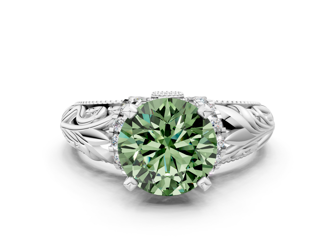 White gold Fancy Green Round  Solitaire Filigree Engagement Ring with Halo and Prong Setting_63