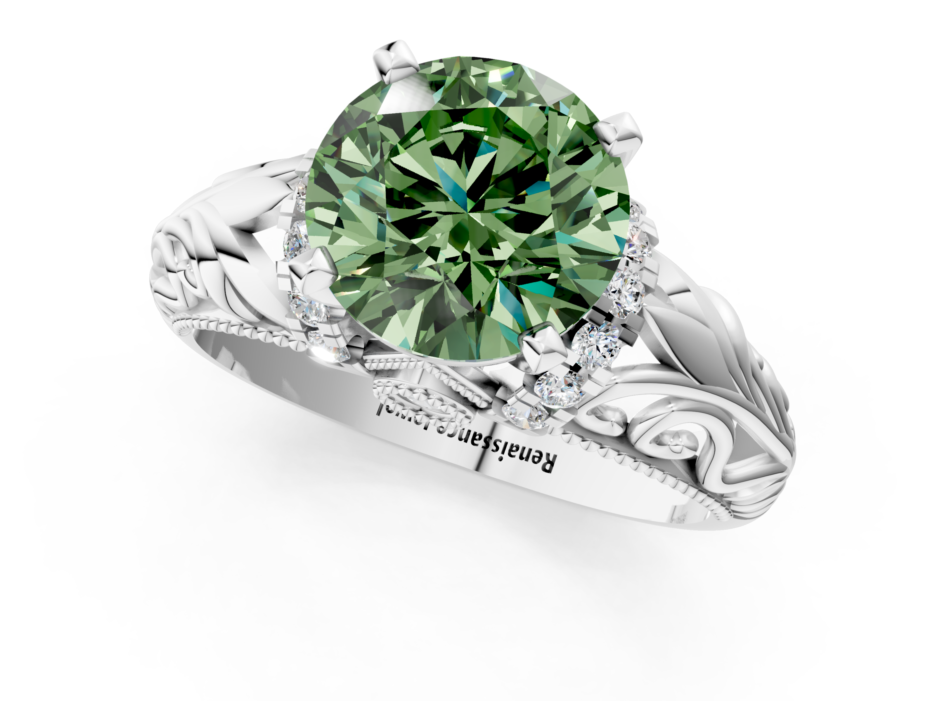 White gold Fancy Green Round  Solitaire Filigree Engagement Ring with Halo and Prong Setting_67