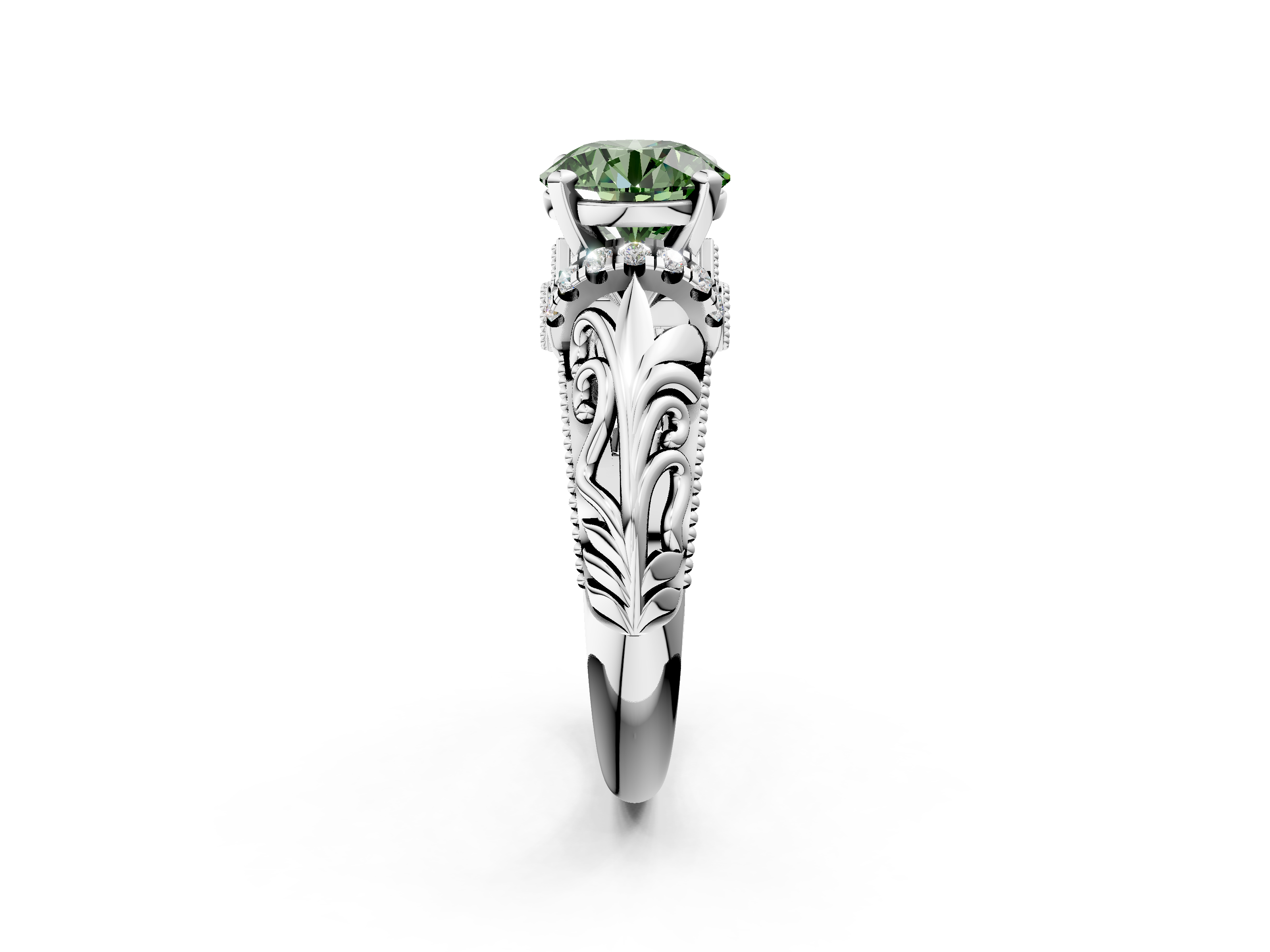 White gold Fancy Green Round  Solitaire Filigree Engagement Ring with Halo and Prong Setting_68