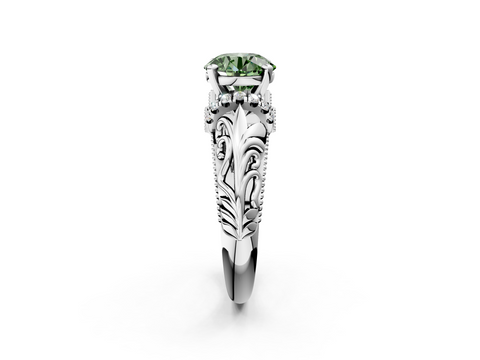 White gold Fancy Green Round  Solitaire Filigree Engagement Ring with Halo and Prong Setting_68