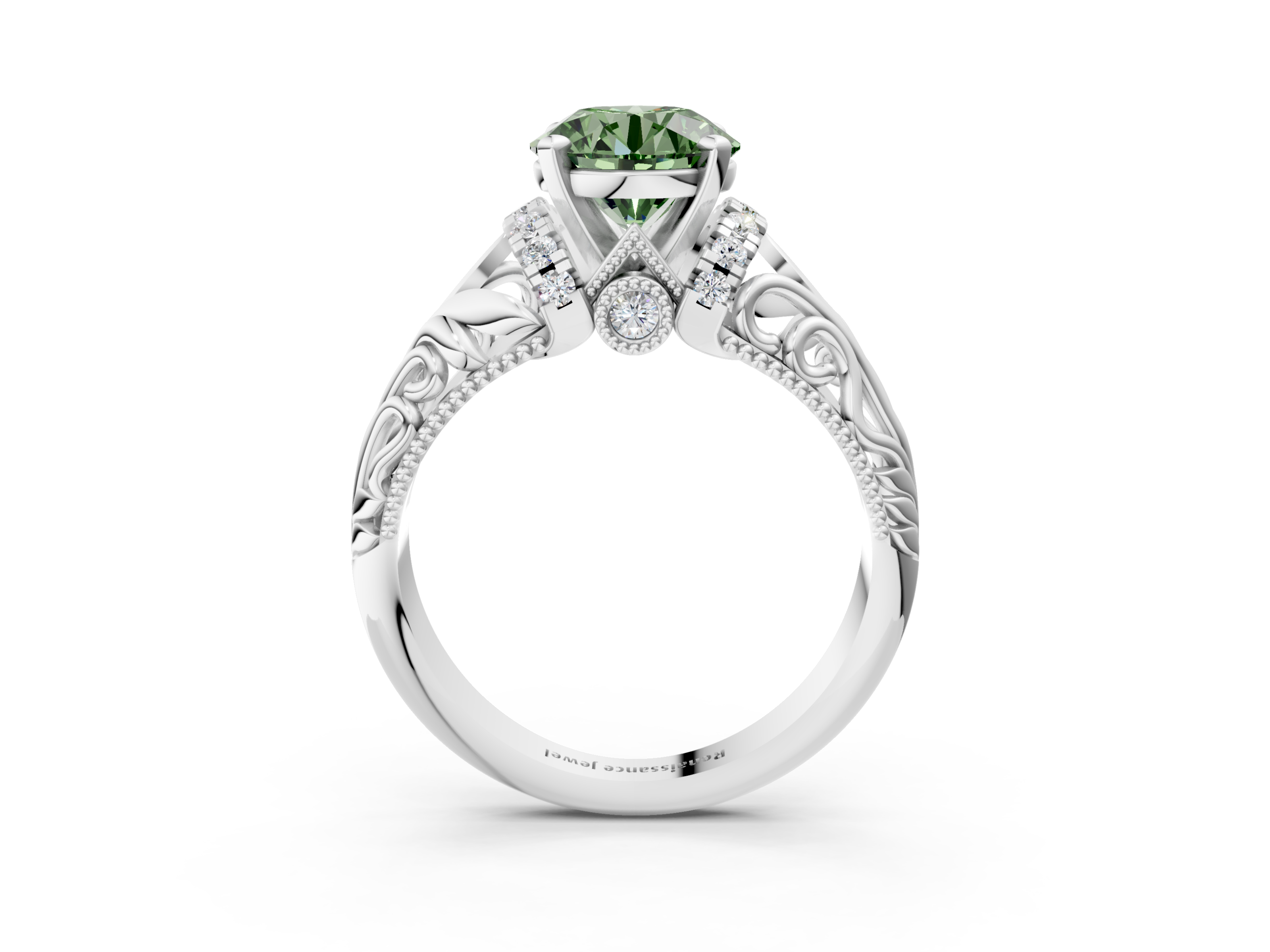 White gold Fancy Green Round  Solitaire Filigree Engagement Ring with Halo and Prong Setting_69