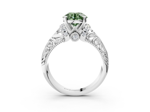 White gold Fancy Green Round  Solitaire Filigree Engagement Ring with Halo and Prong Setting_69