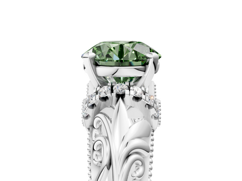 White gold Fancy Green Round  Solitaire Filigree Engagement Ring with Halo and Prong Setting_71