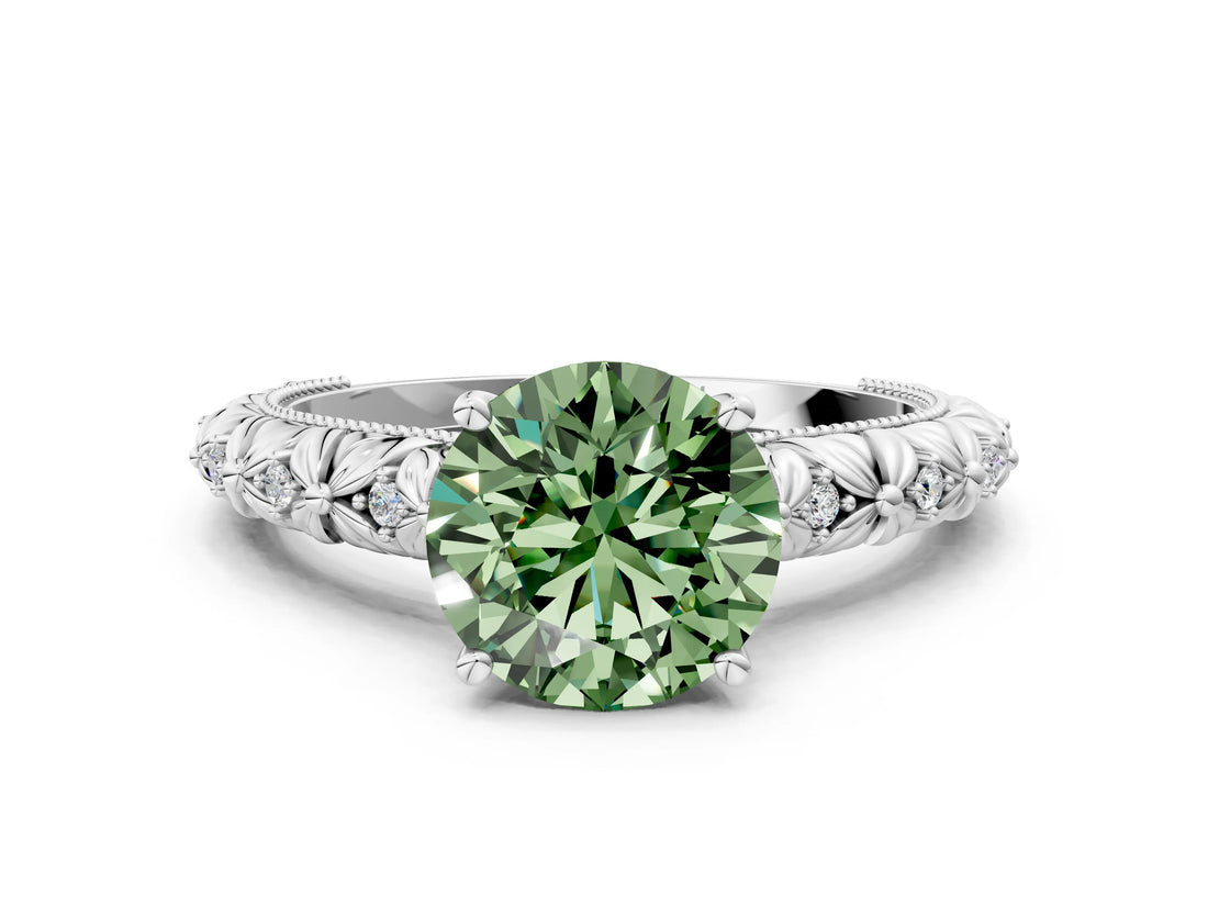 White gold Fancy Green Round  Solitaire Floral Milgrain Engagement Ring_77