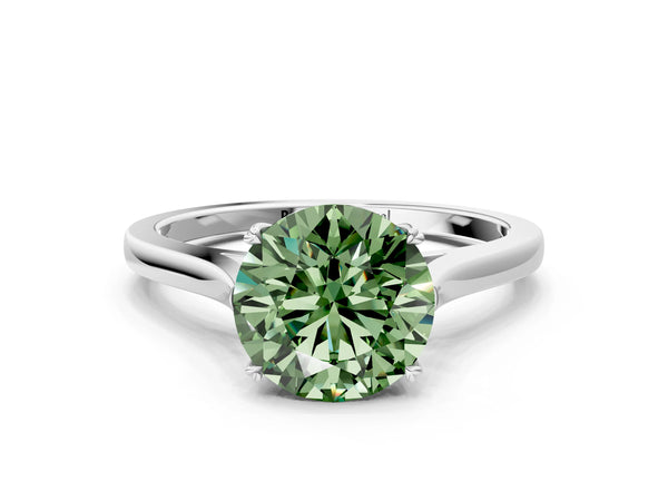 Platinum Fancy Green Round  Solitaire Heart Prong Engagement Ring with Tapered Band