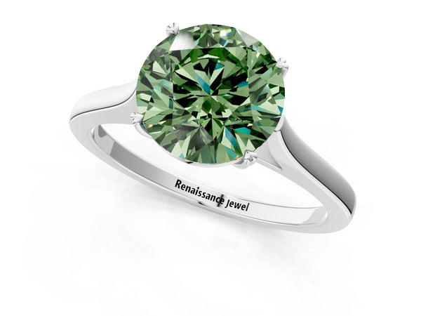 Platinum Fancy Green Round  Solitaire Heart Prong Engagement Ring with Tapered Band