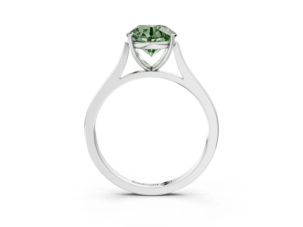 Platinum Fancy Green Round  Solitaire Heart Prong Engagement Ring with Tapered Band