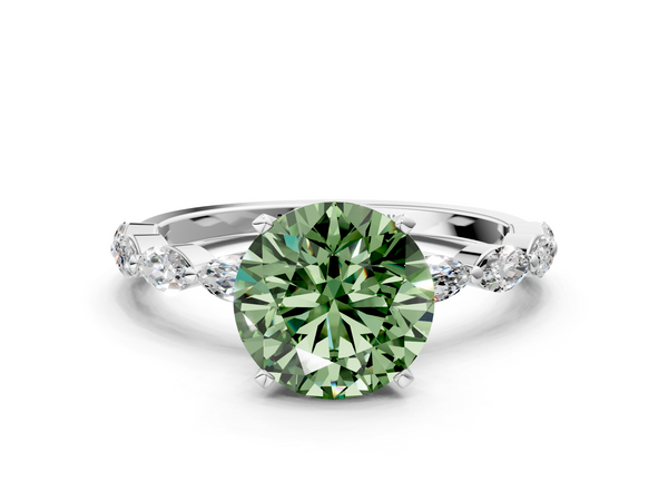 White gold Fancy Green Round Cut Diamond Ring with Marquise Side Stones and Prong Setting