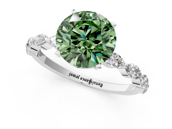 White gold Fancy Green Round Cut Diamond Ring with Marquise Side Stones and Prong Setting