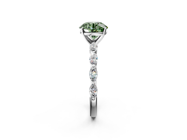White gold Fancy Green Round Cut Diamond Ring with Marquise Side Stones and Prong Setting