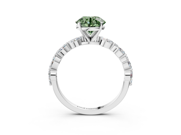 White gold Fancy Green Round Cut Diamond Ring with Marquise Side Stones and Prong Setting