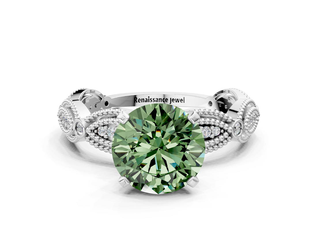 White gold Fancy Green Round  Solitaire Milgrain Diamond Engagement Ring with Bezel and Marquise Band_143