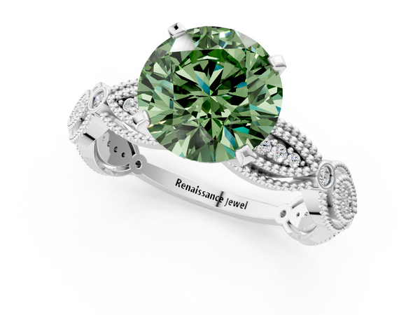 Platinum Fancy Green Round  Solitaire Milgrain Diamond Engagement Ring with Bezel and Marquise Band