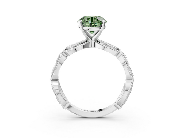 Platinum Fancy Green Round  Solitaire Milgrain Diamond Engagement Ring with Bezel and Marquise Band