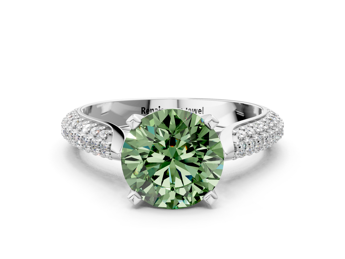 White gold Fancy Green Round  Solitaire Pavé Diamond Engagement Ring with Four-Prong Setting_114