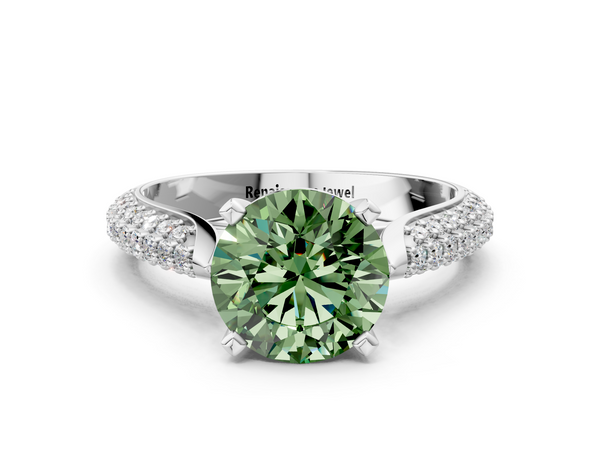 White gold Fancy Green Round  Diamond Solitaire Engagement Ring with Pavé Band and Four-Prong Setting