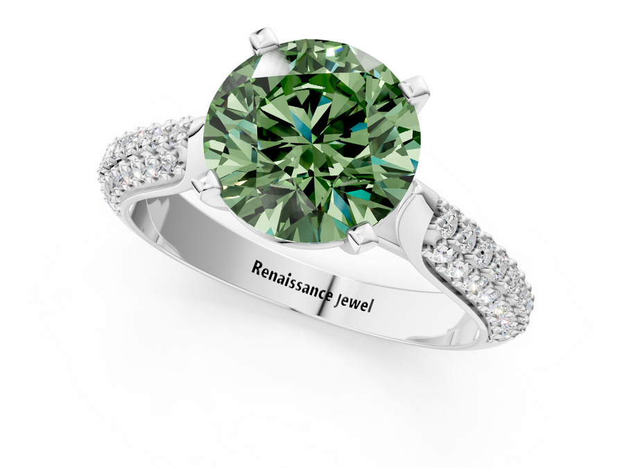 White gold Fancy Green Round  Diamond Solitaire Engagement Ring with Pavé Band and Four-Prong Setting