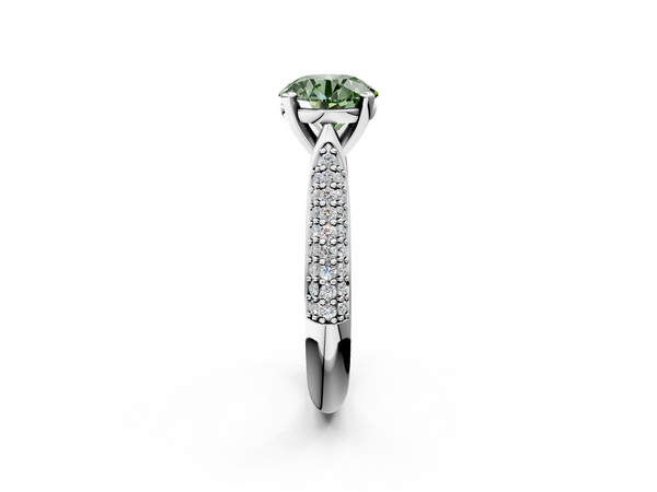 White gold Fancy Green Round  Diamond Solitaire Engagement Ring with Pavé Band and Four-Prong Setting