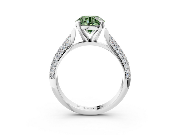 White gold Fancy Green Round  Diamond Solitaire Engagement Ring with Pavé Band and Four-Prong Setting
