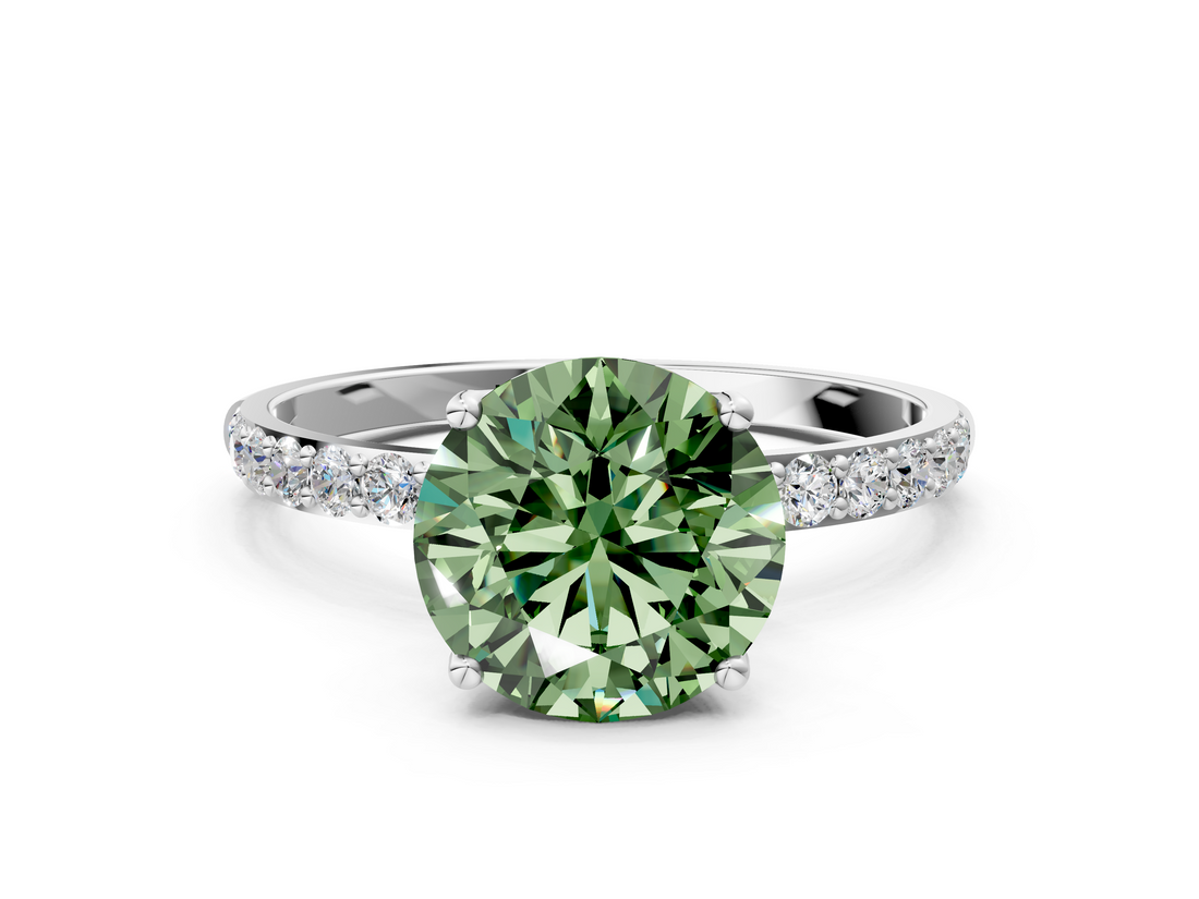 White gold Fancy Green Round  Solitaire Pavé Diamond Engagement Ring with Four-Prong Setting_25