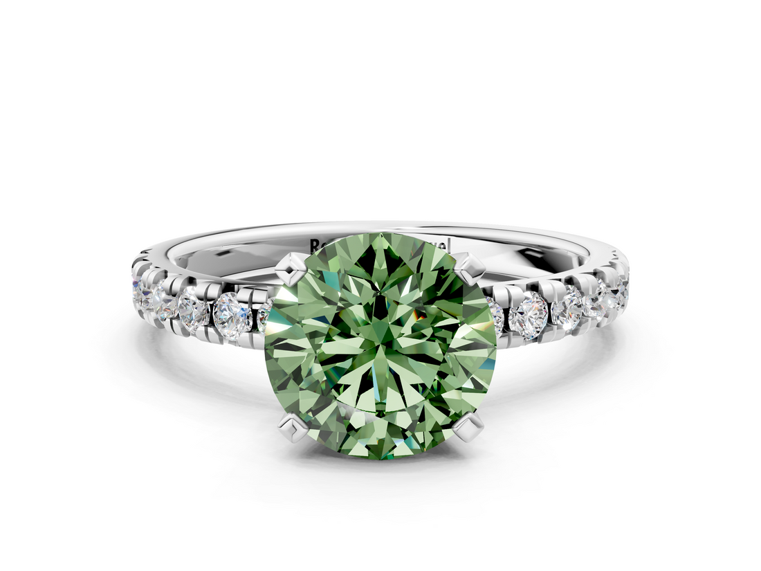 White gold Fancy Green Round  Solitaire Pave Diamond Engagement Ring with Four-Prong Setting_243