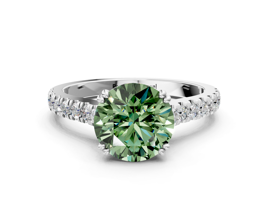 White gold Fancy Green Round  Solitaire Pave Diamond Engagement Ring with Prong Setting_20
