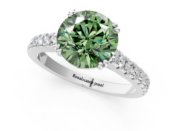 Platinum Fancy Green Round  Solitaire Pave Diamond Engagement Ring with Prong Setting