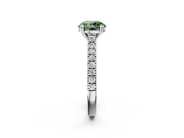 Platinum Fancy Green Round  Solitaire Pave Diamond Engagement Ring with Prong Setting