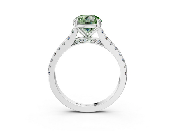 Platinum Fancy Green Round  Solitaire Pave Diamond Engagement Ring with Prong Setting