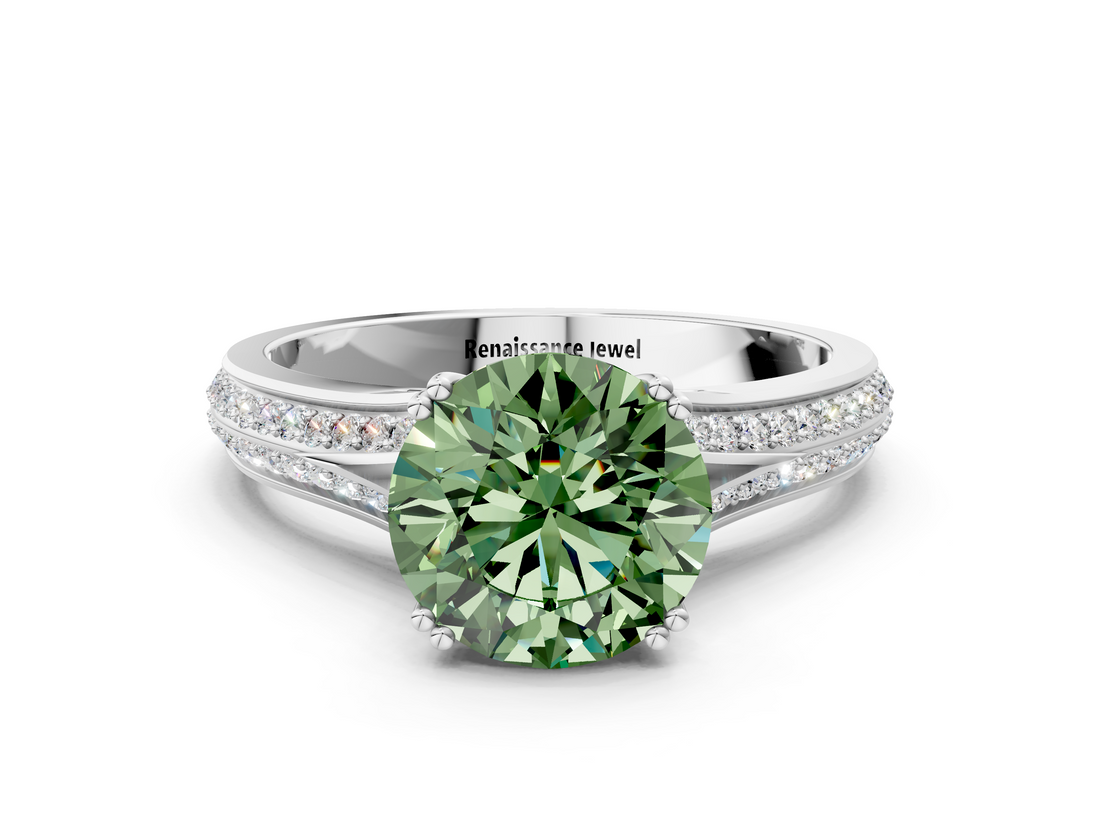 White gold Fancy Green Round  Solitaire Pave Split Shank Engagement Ring with Six-Prong Setting_32