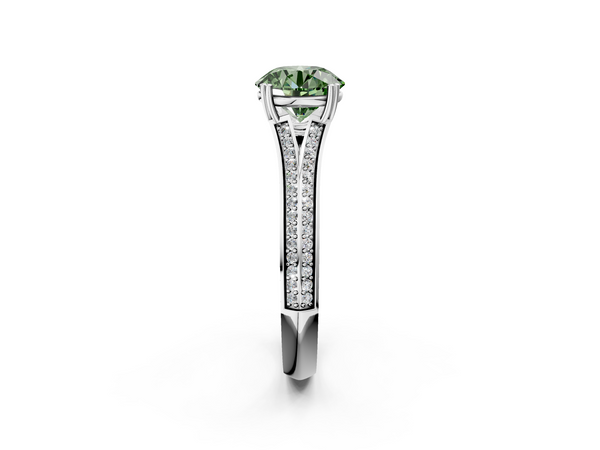 White gold Fancy Green Round Cut Diamond Split Shank Engagement Ring with Pavé Band