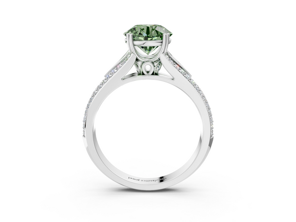 White gold Fancy Green Round Cut Diamond Split Shank Engagement Ring with Pavé Band