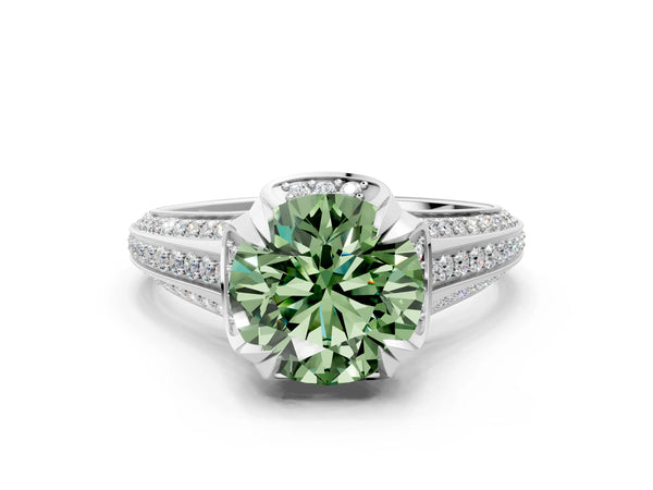 Platinum Fancy Green Round  Solitaire Pave Split Shank Ring with Four-Prong Setting
