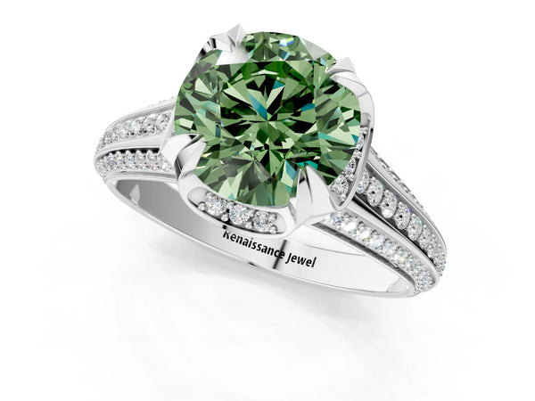 Platinum Fancy Green Round  Solitaire Pave Split Shank Ring with Four-Prong Setting