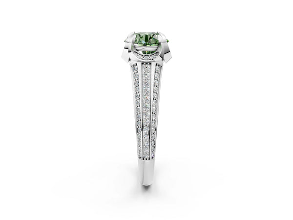 Platinum Fancy Green Round  Solitaire Pave Split Shank Ring with Four-Prong Setting