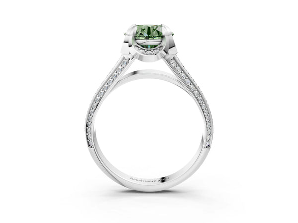 Platinum Fancy Green Round  Solitaire Pave Split Shank Ring with Four-Prong Setting
