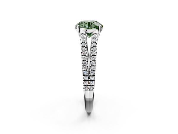White gold Fancy Green Round Cut Diamond Solitaire Engagement Ring with Split Shank Pavé Band