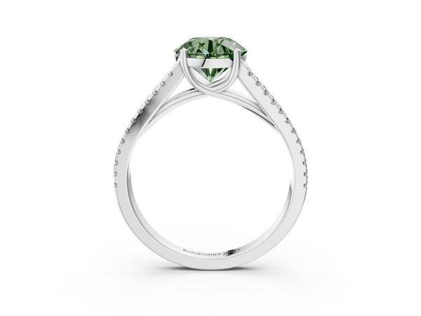 White gold Fancy Green Round Cut Diamond Solitaire Engagement Ring with Split Shank Pavé Band