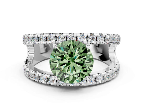 Platinum Fancy Green Round  Solitaire Split Shank Pave Diamond Ring