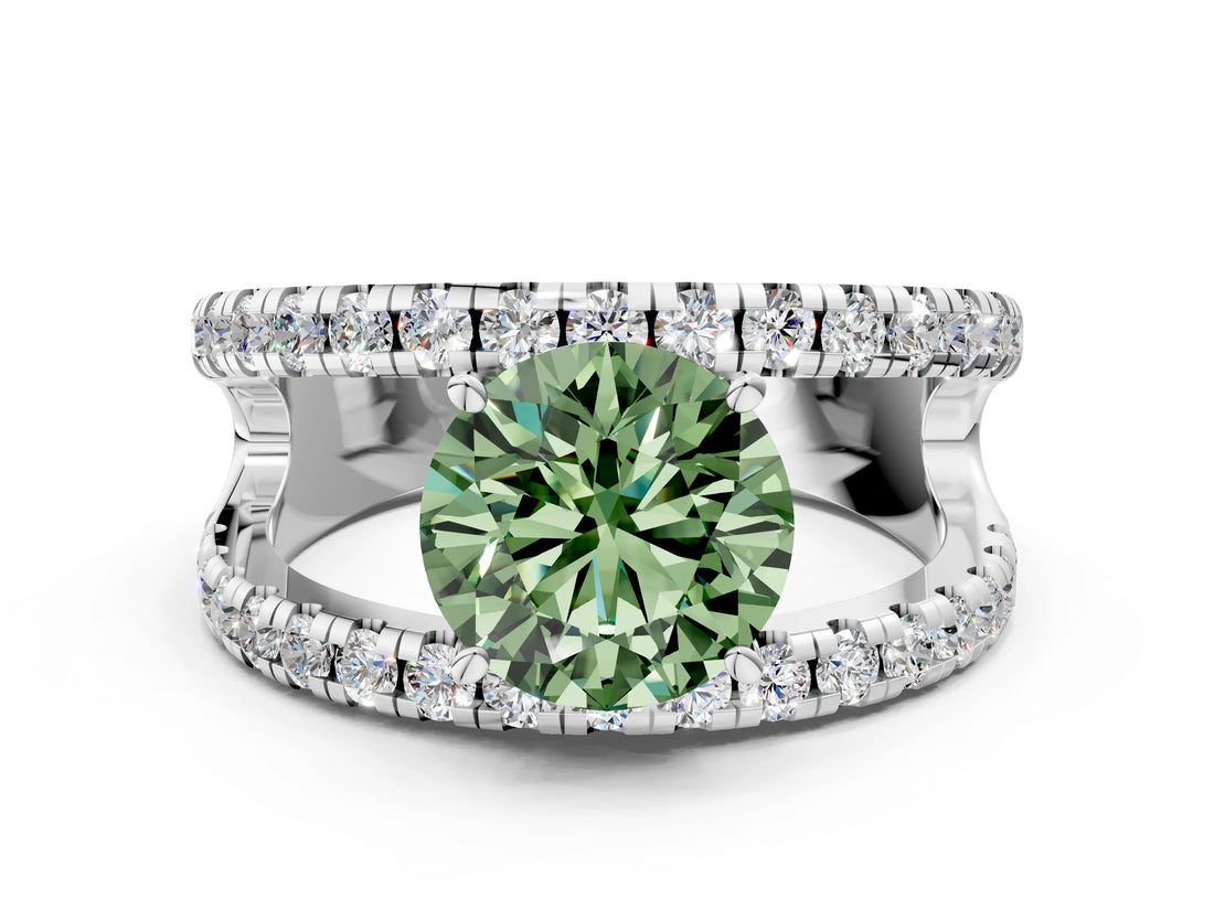 White gold Fancy Green Round  Solitaire Split Shank Pave Diamond Ring_49