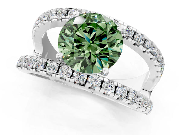 Platinum Fancy Green Round  Solitaire Split Shank Pave Diamond Ring