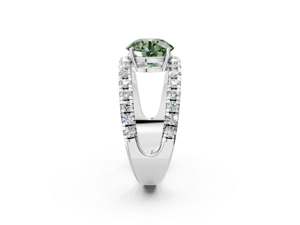 Platinum Fancy Green Round  Solitaire Split Shank Pave Diamond Ring
