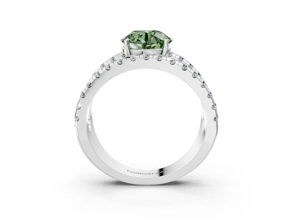 Platinum Fancy Green Round  Solitaire Split Shank Pave Diamond Ring
