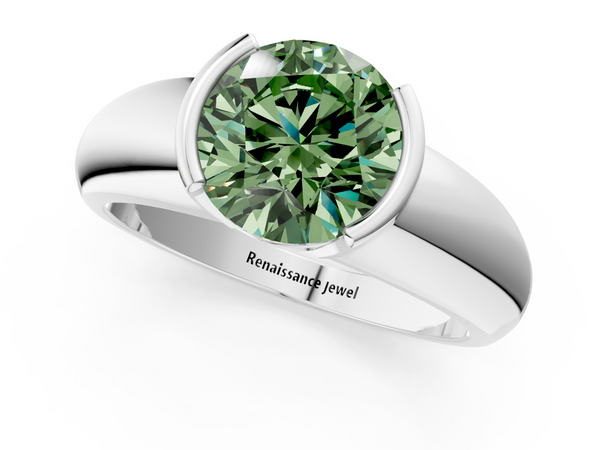 Platinum Fancy Green Round  Solitaire Tension Set Diamond Ring with Wide Band