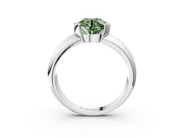 Platinum Fancy Green Round  Solitaire Tension Set Diamond Ring with Wide Band