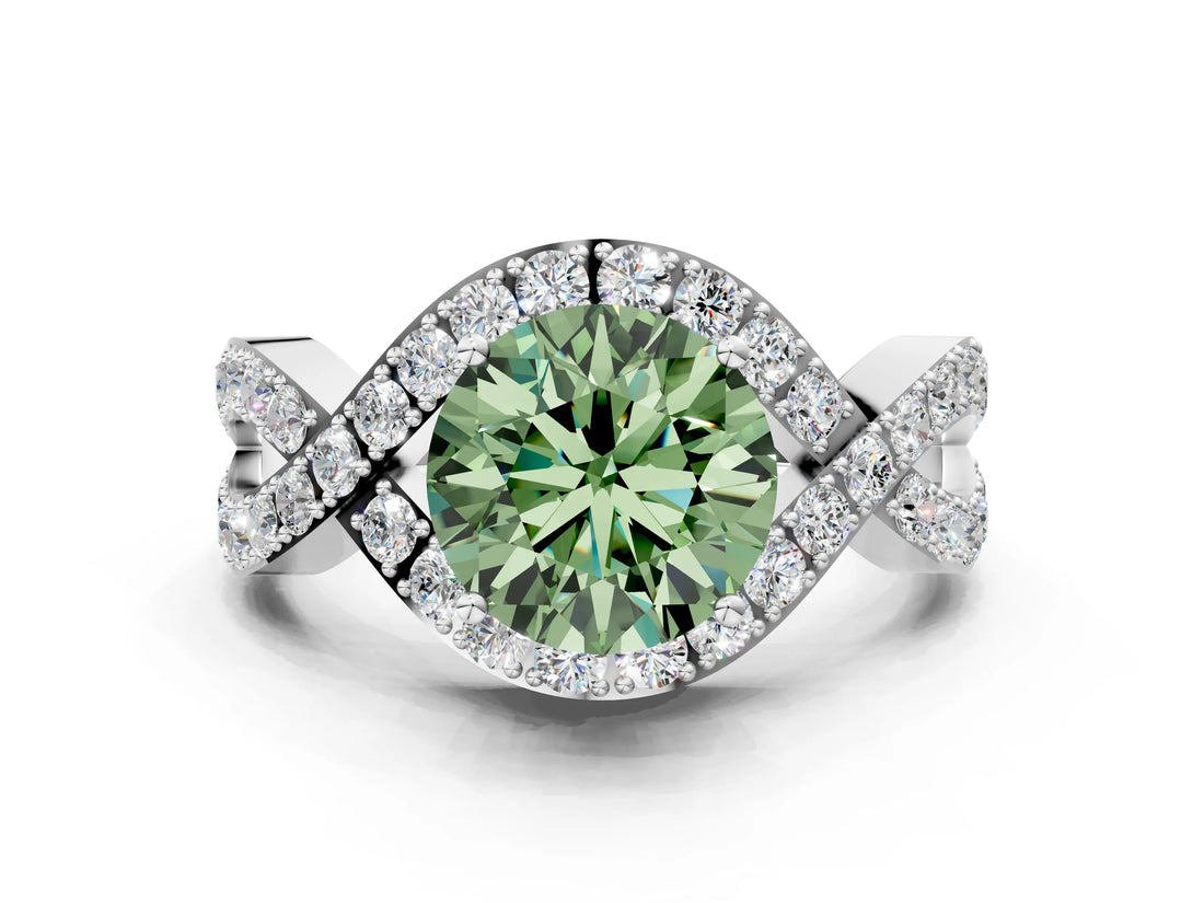 White gold Fancy Green Round  Solitaire Twist Band Pavé Diamond Engagement Ring_63