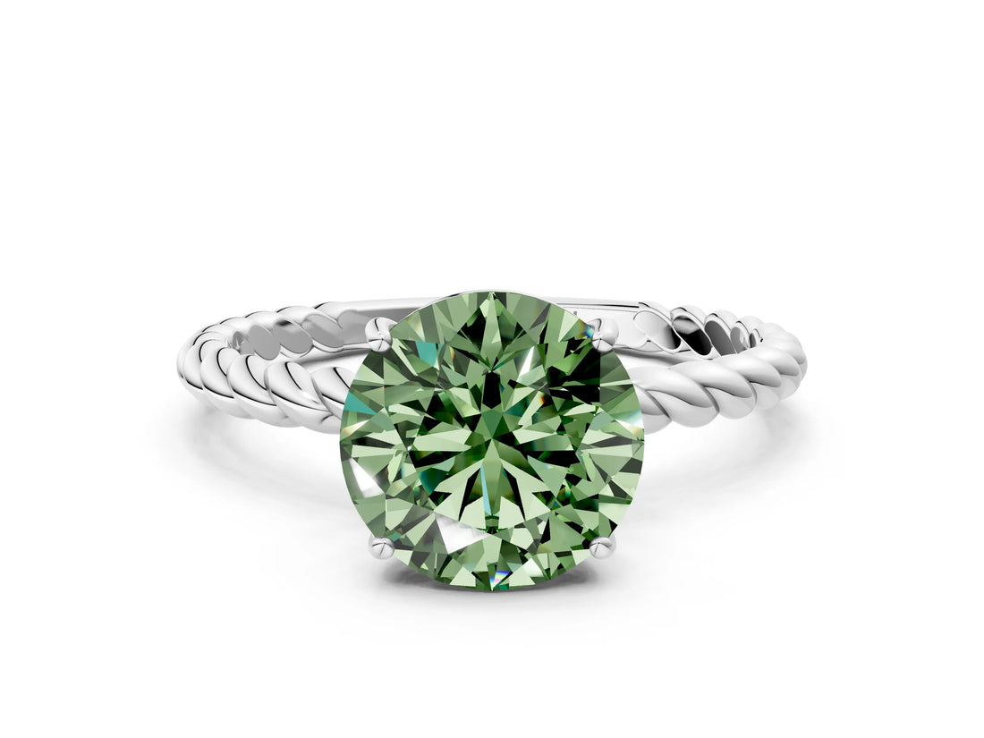 White gold Fancy Green Round  Solitaire Twist Band Ring with Four-Prong Setting_13